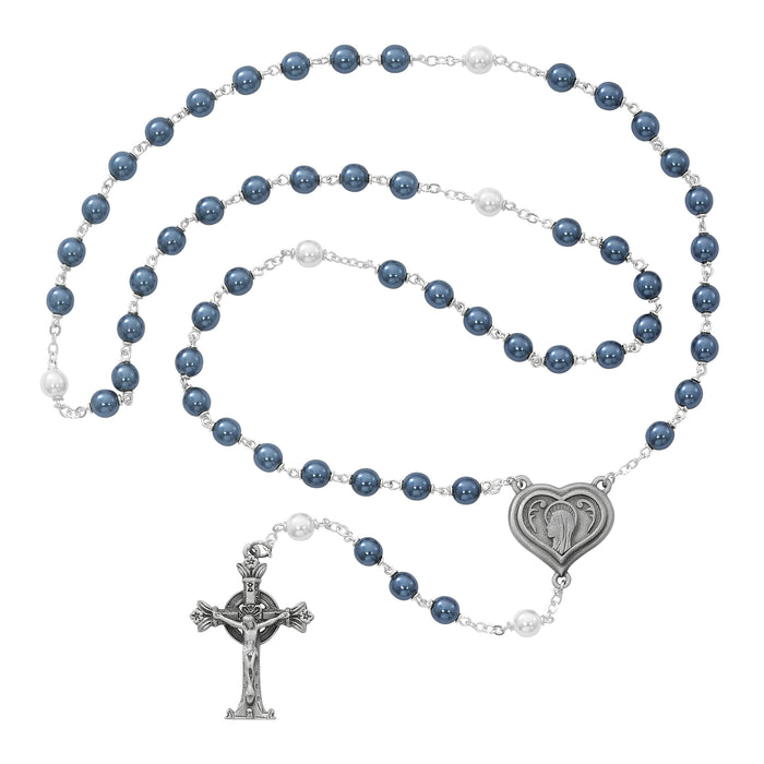 Blue and Pearl like  Glass Lourdes Water Rosary Boxed - 365DF