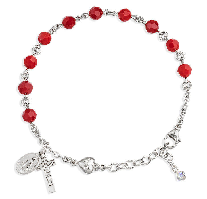 Sterling Silver Rosary Bracelet Created with 6mm Coral Finest Austrian Crystal Round Beads by HMH - B8550SH