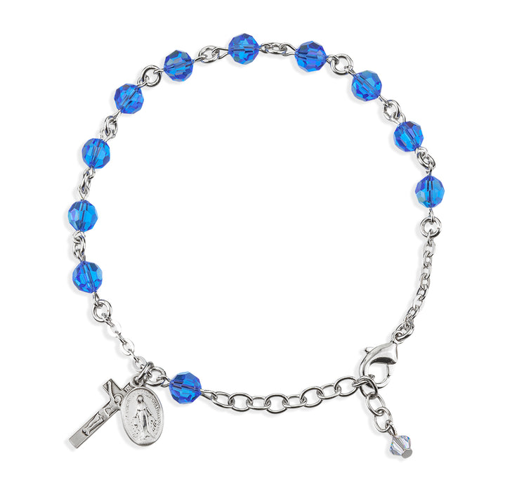 Sterling Silver Rosary Bracelet Created with 6mm Sapphire Finest Austrian Crystal Round Beads by HMH - B8550SP