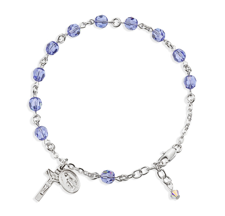 Sterling Silver Rosary Bracelet Created with 6mm Tanzanite Finest Austrian Crystal Round Beads by HMH - B8550TZ