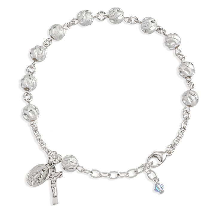 Swirl Semi-Frosted Round Sterling Silver Rosary Bracelet - B8670
