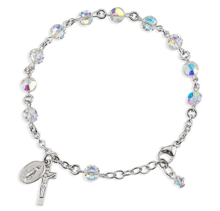 Sterling Silver Rosary Bracelet Created with 6mm Aurora Borealis Finest Austrian Crystal Semi-Flat Beads by HMH - B8760