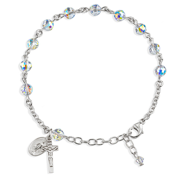 Sterling Silver Rosary Bracelet Created with 6mm Aurora Borealis Finest Austrian Crystal Multi-Faceted Beads by HMH - B8803