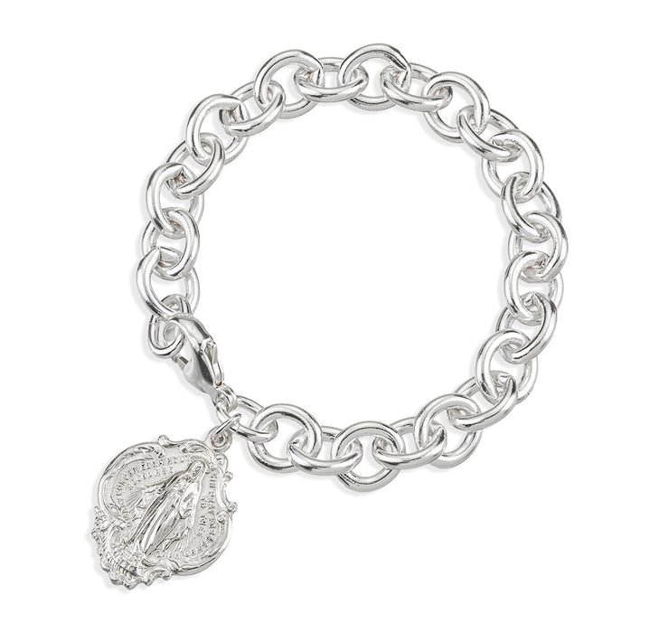 Extra Heavy Solid Sterling Silver Link Style Bracelet with Hail Mary Miraculous Charm - B8903HM