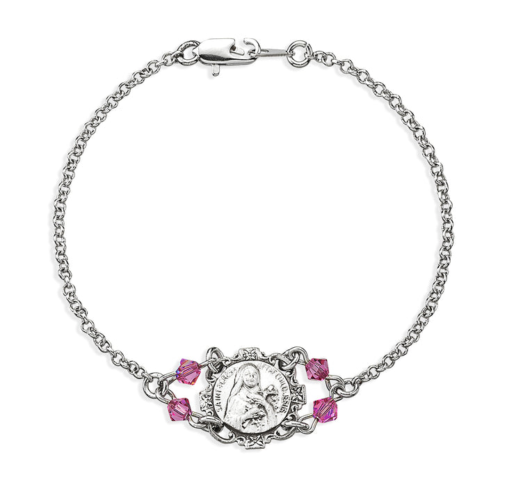 Sterling Silver St. Therese Medal with Fine Crystal Pink Beads on Platinum Plated Rolo Bracelet 7 1/2" - BRS3631R