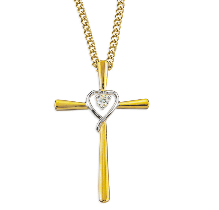 Gold Over Sterling Silver Two-Tone Cross with Rhodium Plated Heart & CZ stone Settings - Z3931TT18