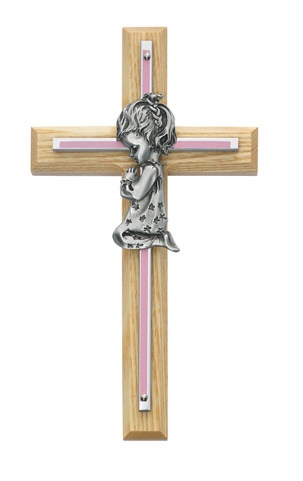 7in Oak with Baby Pink Girl Praying Cross Boxed - 73-05