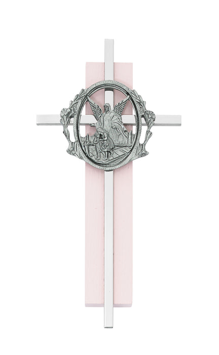 6in Pink Wood Guardian Angel Silver Cross Boxed  - 73-52