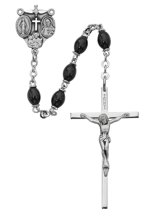 136LF Black Glass Oval Rosary Boxed - McVan