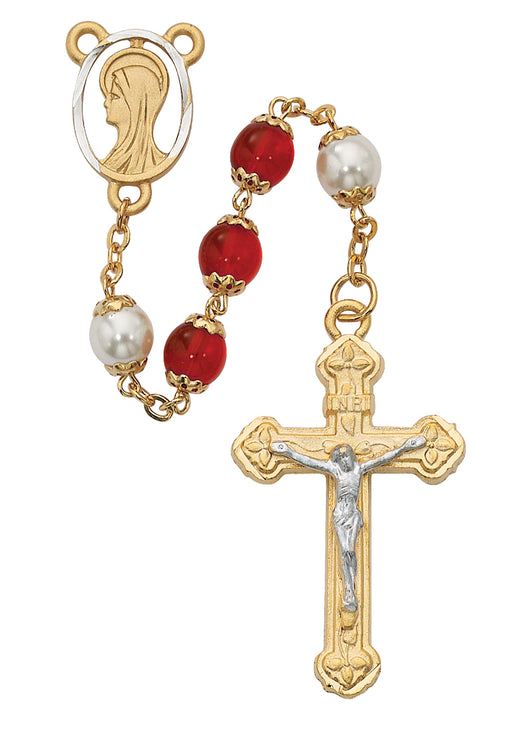 452HF Red and Pearl like  Glass Rosary Boxed - McVan
