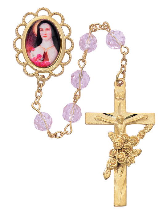 591PF Rose Crystal St Therese Rosary Boxed - McVan