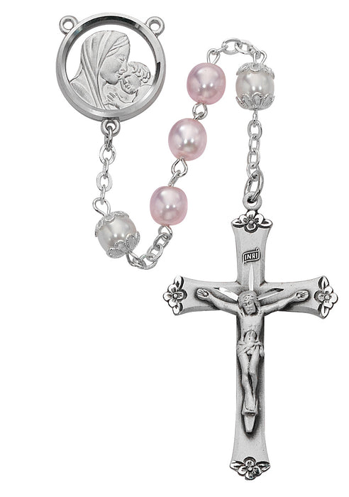 592LF Mother & Child Pink and White Rosary Boxed - McVan