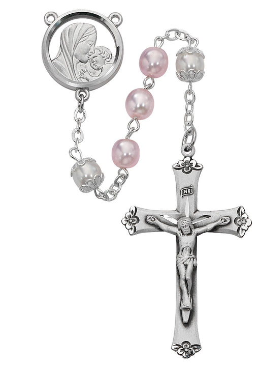 592RF Mother and Child Pink and White Rosary Boxed - McVan