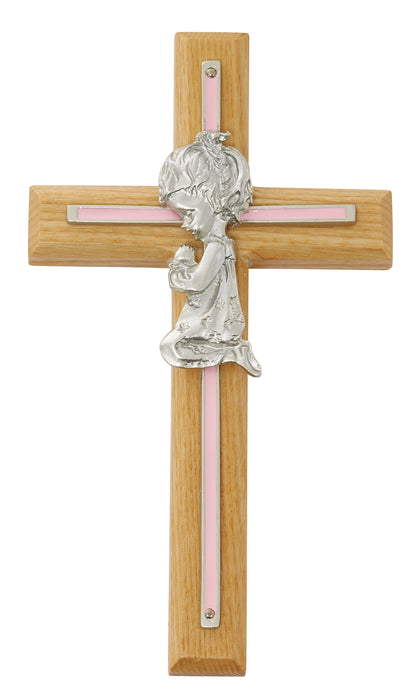 73-05 7in Oak with Baby Pink Girl Praying Cross Boxed - McVan