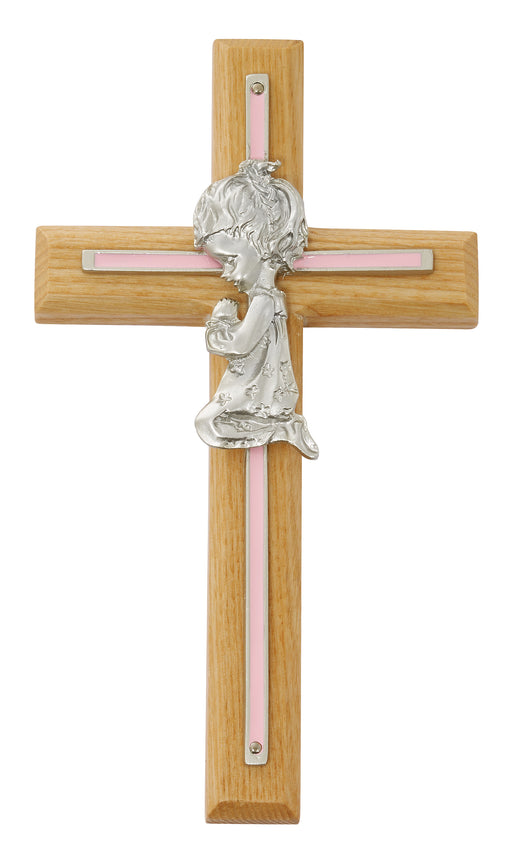 73-05 7in Oak with Baby Pink Girl Praying Cross Boxed - McVan