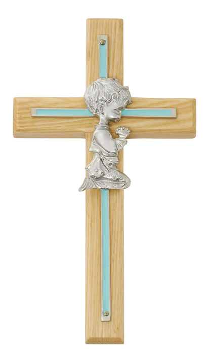 73-06 7in Oak with Blue Baby Boy Praying Cross Boxed - McVan