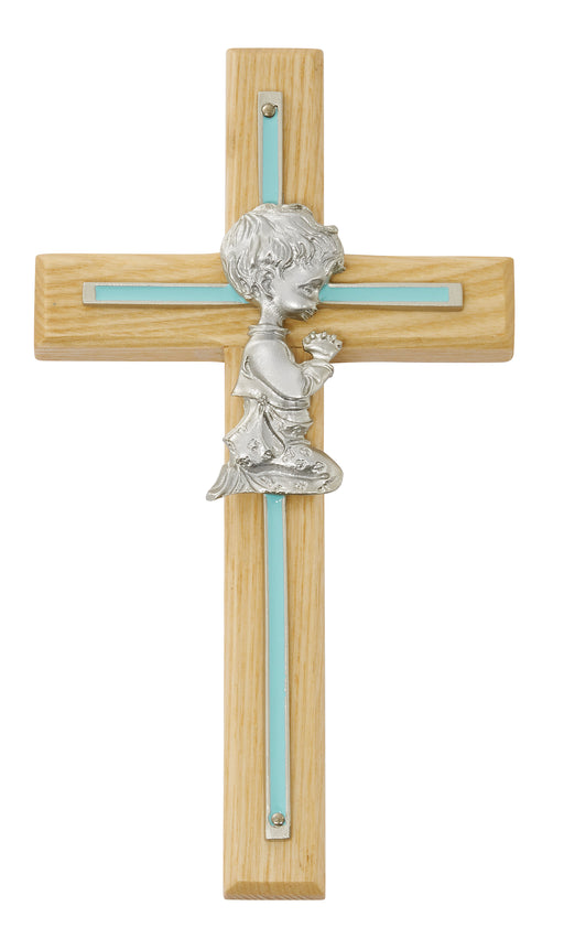 73-06 7in Oak with Blue Baby Boy Praying Cross Boxed - McVan
