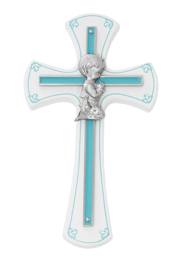 7in White and Blue Baby Boy Praying Cross - 73-10 | McVan