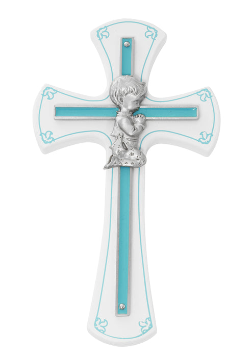 73-10 7in White and Blue Baby Boy Praying Cross - McVan