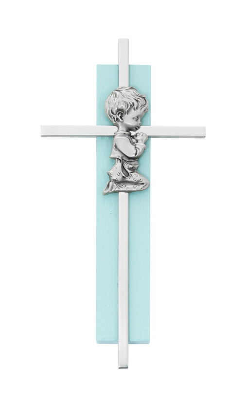 73-60 6in Blue Wood Praying Boy on Silver Cross Boxed - McVan