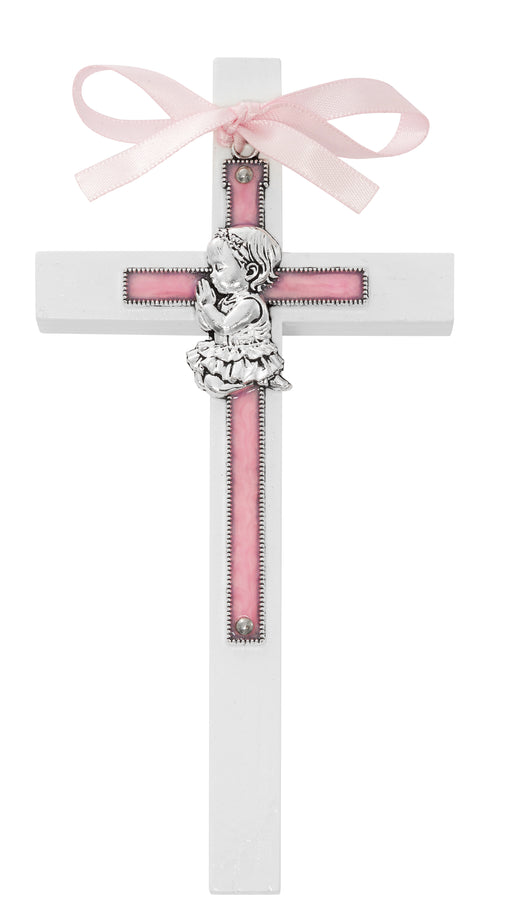 73-83 6" BLUE BABY GIRL ON WHITE WOOD CROSS BOXED - McVan