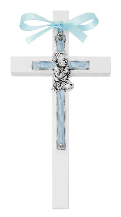 73-84 6" BLUE BABY BOY ON WHITE WOOD CROSS BOXED - McVan