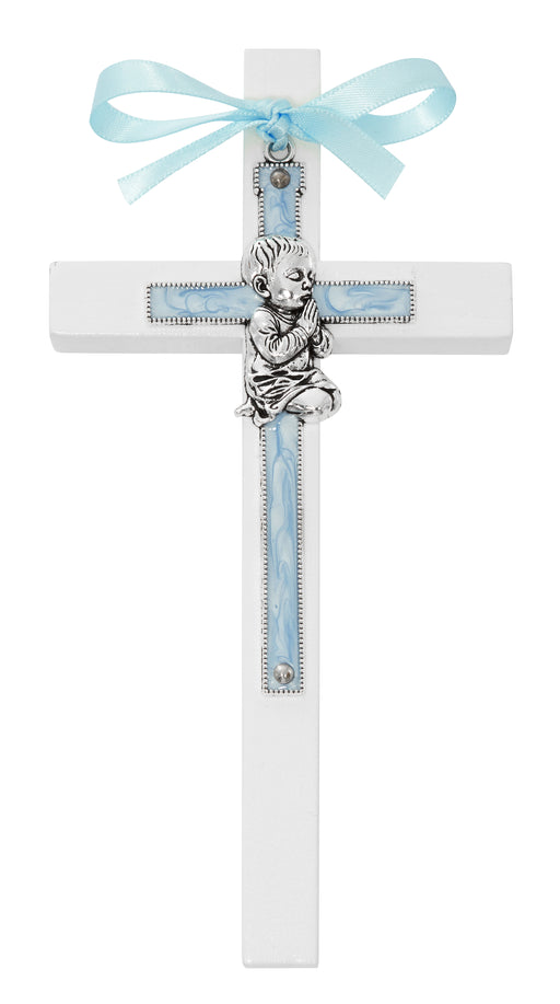 73-84 6" BLUE BABY BOY ON WHITE WOOD CROSS BOXED - McVan