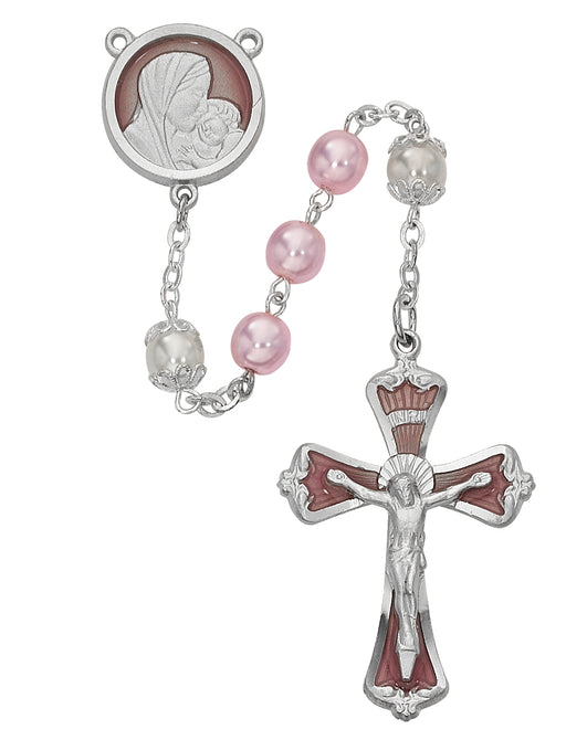 772RF Mother and Child Pink Pearl like  Glass Rosary Boxed - McVan