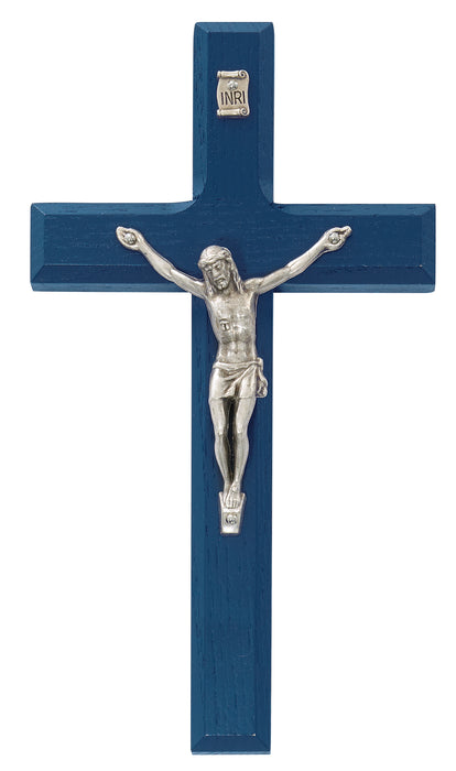 79-39 6.5" beveled blue wood WITH SILVER CORPUS crucifix boxed - McVan