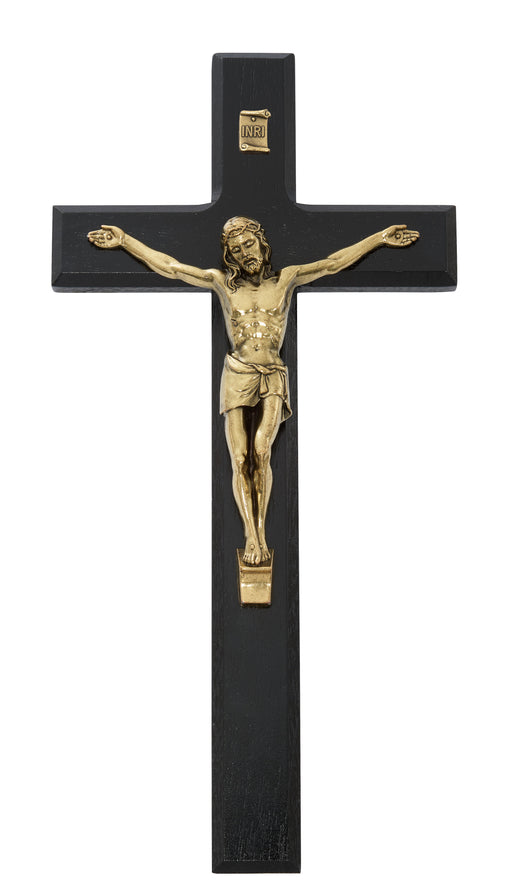 80-212 10" BEVELED BLACK WOOD WITH ANTIQUE BRONZE CORPUS CRUCIFIX BOXED - McVan