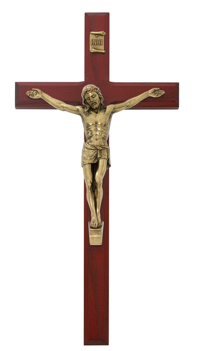 80-213 10" Beveled Cherry Stained Crucifix with antique bronze corpus Boxed - McVan