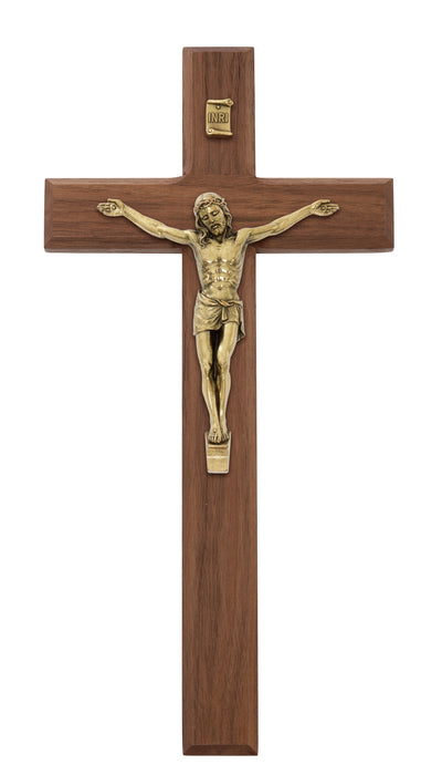 80-214 12" BEVELED WALNUT WOOD WITH ANTIQUE BRONZE CORPUS CRUCIFIX BOXED - McVan