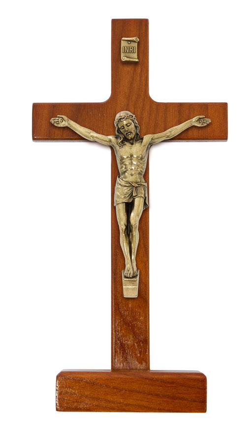 80-215 8" WALNUT STAINED WOOD WITH ANTIQUE BRONZE CORPUS STANDING CRUCIFIX BOXED - McVan
