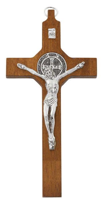 81-85 8" BROWN WOOD WITH SILVER ST BENEDICT CORPUS CRUCIFIX BAGGED - McVan