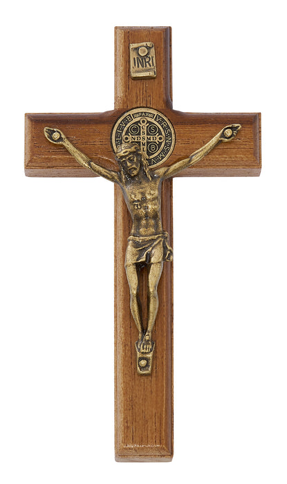 82-10 4.75" BRAZILLIAN WALNUT WOOD WITH GOLD ST BENEDICT CORPUS CRUCIFIX BOXED - McVan