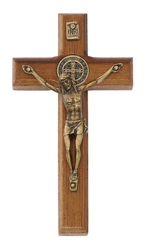 82-10 4.75" BRAZILLIAN WALNUT WOOD WITH GOLD ST BENEDICT CORPUS CRUCIFIX BOXED - McVan