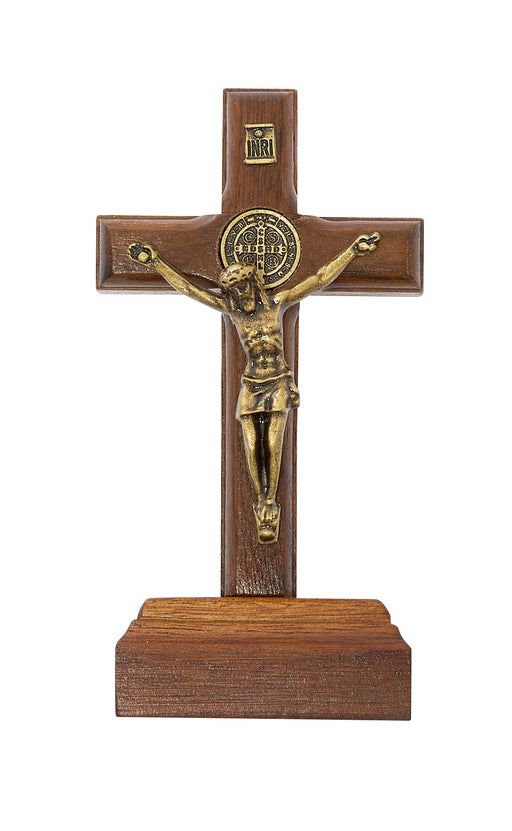 82-15 3.75" BRAZILLIAN WALNUT WOOD WITH GOLD ST BENEDICT CORPUS STANDING CRUCIFIX BAGGED - McVan