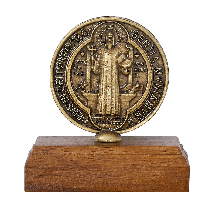 82-17 2.25" BRAZILLIAN WALNUT WOOD WITH GOLD ST BENEDICT COIN STANDING CRUCIFIX BAGGED - McVan