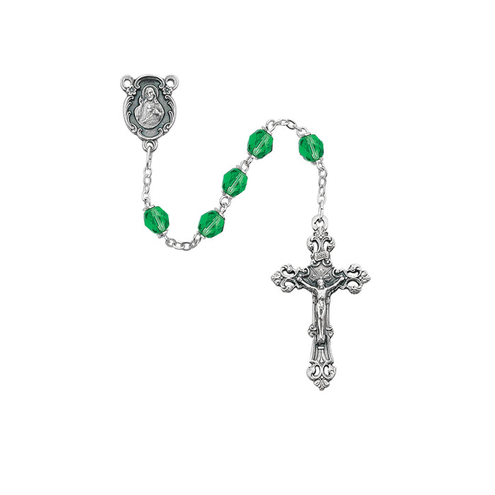 875-PEG Light Green Glass August Rosary Boxed - McVan