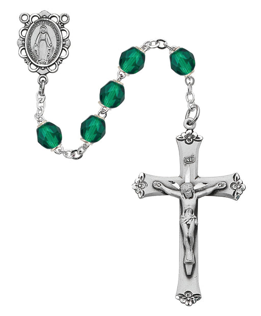 875L-EMF Dark Green Glass May Rosary Boxed - McVan