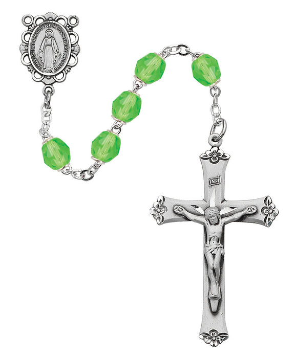 875L-PEF Light Green Glass August Rosary Boxed - McVan