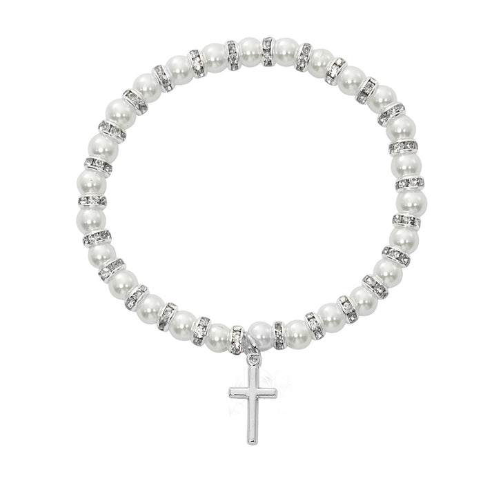 BR44 White Baby Stretch Bracelet and Sterling Cross Boxed - McVan