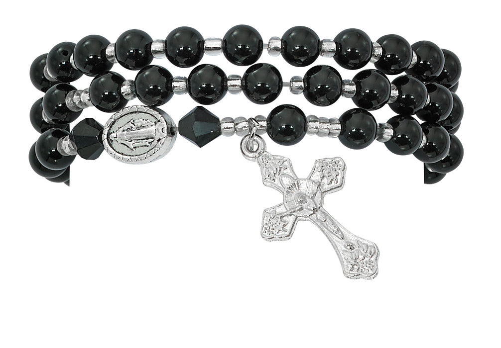 BR630C Simulated Black Agate Twistable Rosary Bracelet Carded - McVan
