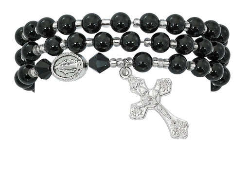 BR630C Simulated Black Agate Twistable Rosary Bracelet Carded - McVan