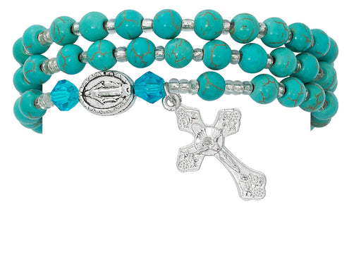 BR644C Simulated Turquoise Twistable Rosary Bracelet Carded - McVan