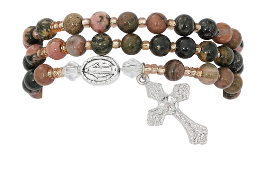 BR645C Simulated Rhodonite Twistable Rosary Bracelet Carded - McVan