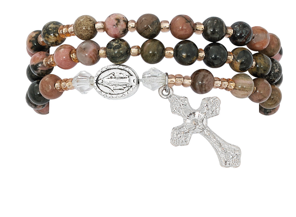 BR645C Simulated Rhodonite Twistable Rosary Bracelet Carded - McVan
