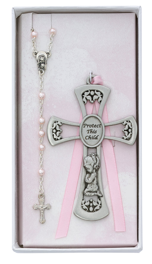 BS10 Baby Girl Crib Cross and Rosary Set Boxed - McVan