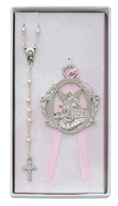 BS17 Angel Crib Medal and Pink Rosary Set Boxed - McVan
