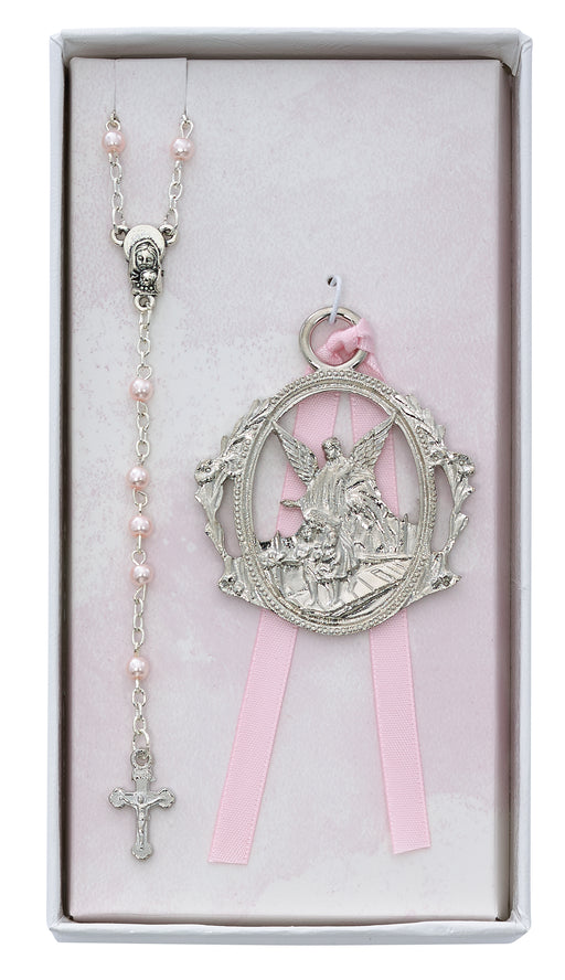 BS17 Angel Crib Medal and Pink Rosary Set Boxed - McVan